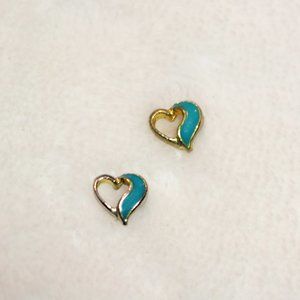 80's Gold Tone with Teal Heart Stud Earrings